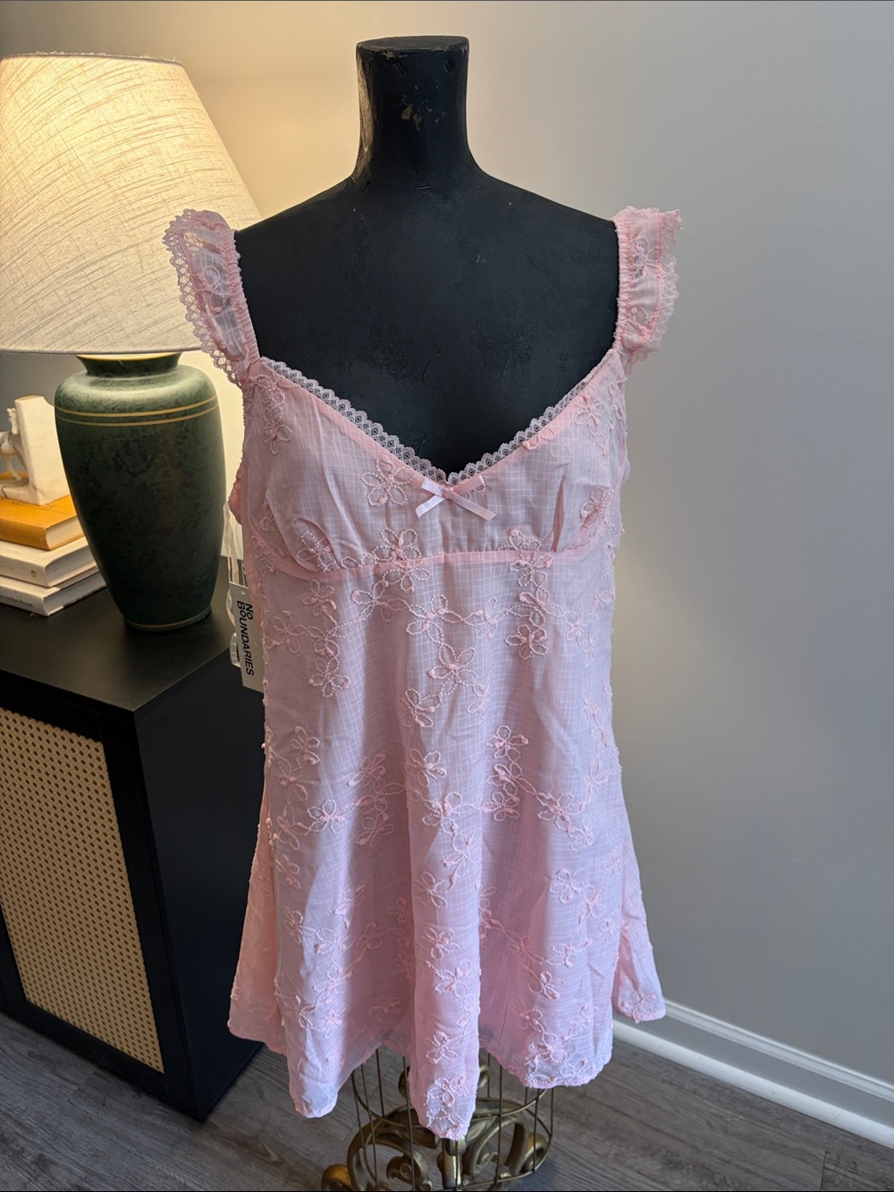 NWT No Boundaries Babydoll Coquette Pink Lace-Embroidered Chemise Dress Size LG